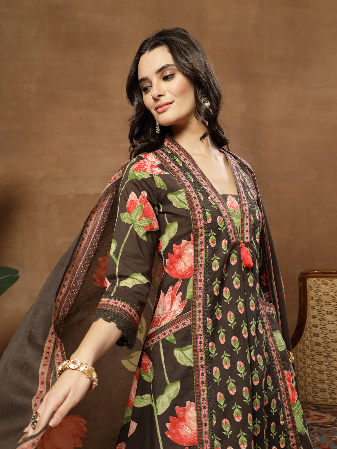 Flared Printed Cotton V-Neck Kurta Set With Dupatta