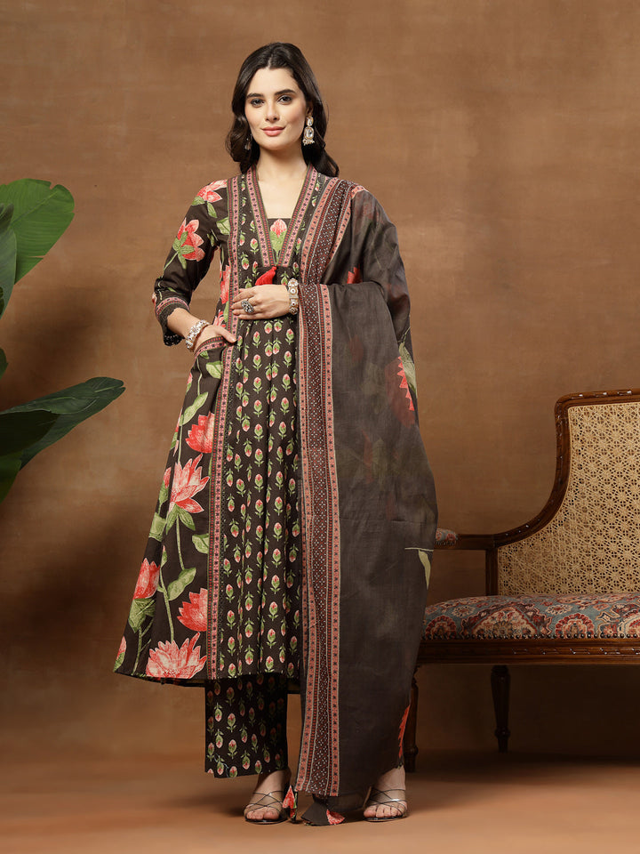 Flared Printed Cotton V-Neck Kurta Set With Dupatta
