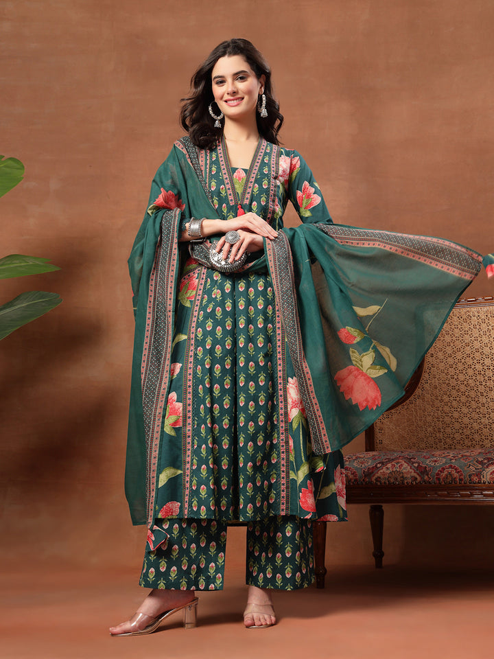 Flared Printed Cotton V-Neck Kurta Set With Dupatta
