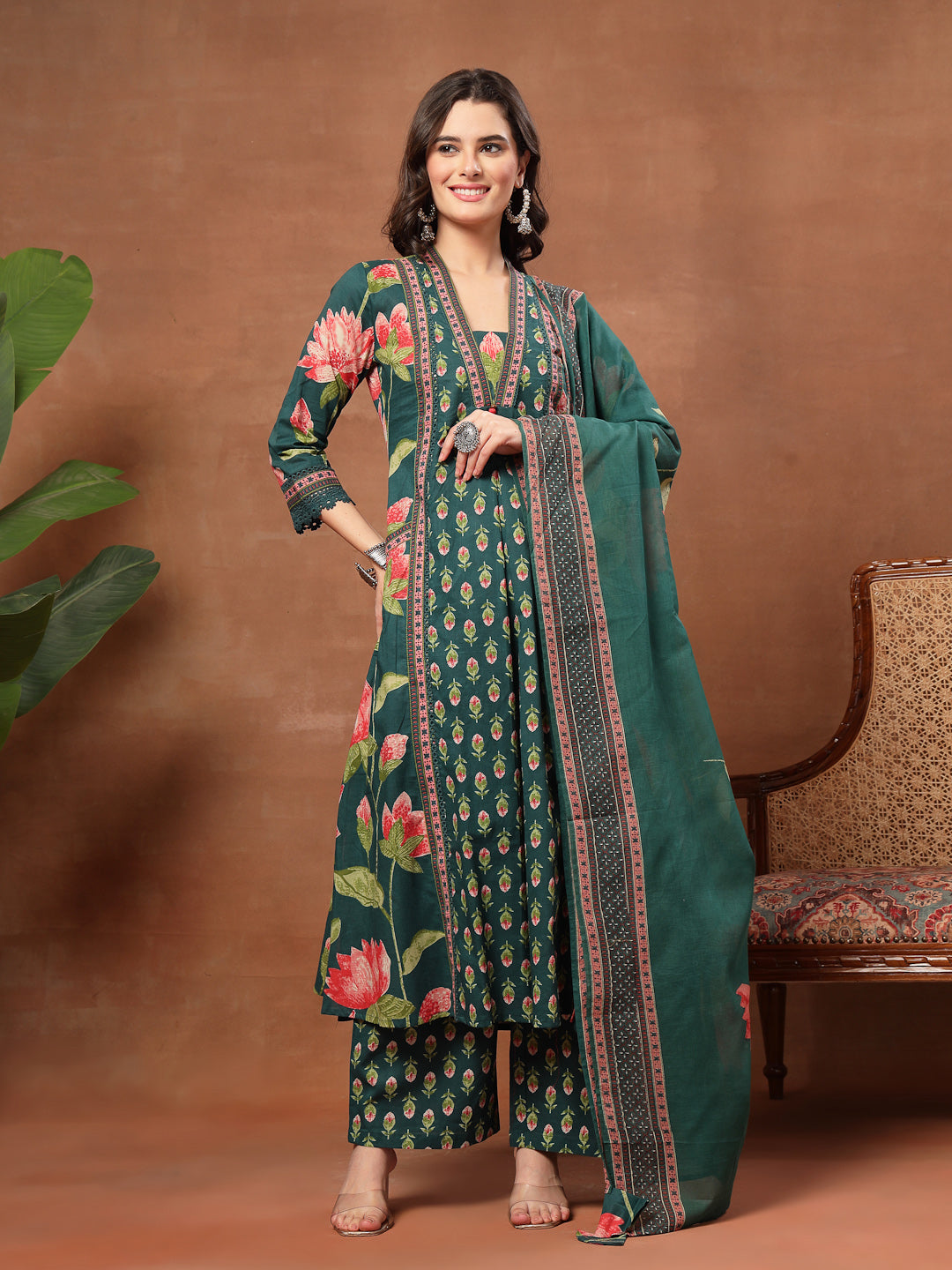 Flared Printed Cotton V-Neck Kurta Set With Dupatta