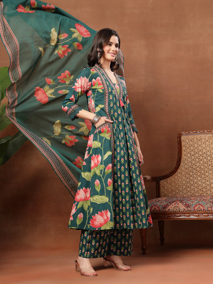 Flared Printed Cotton V-Neck Kurta Set With Dupatta