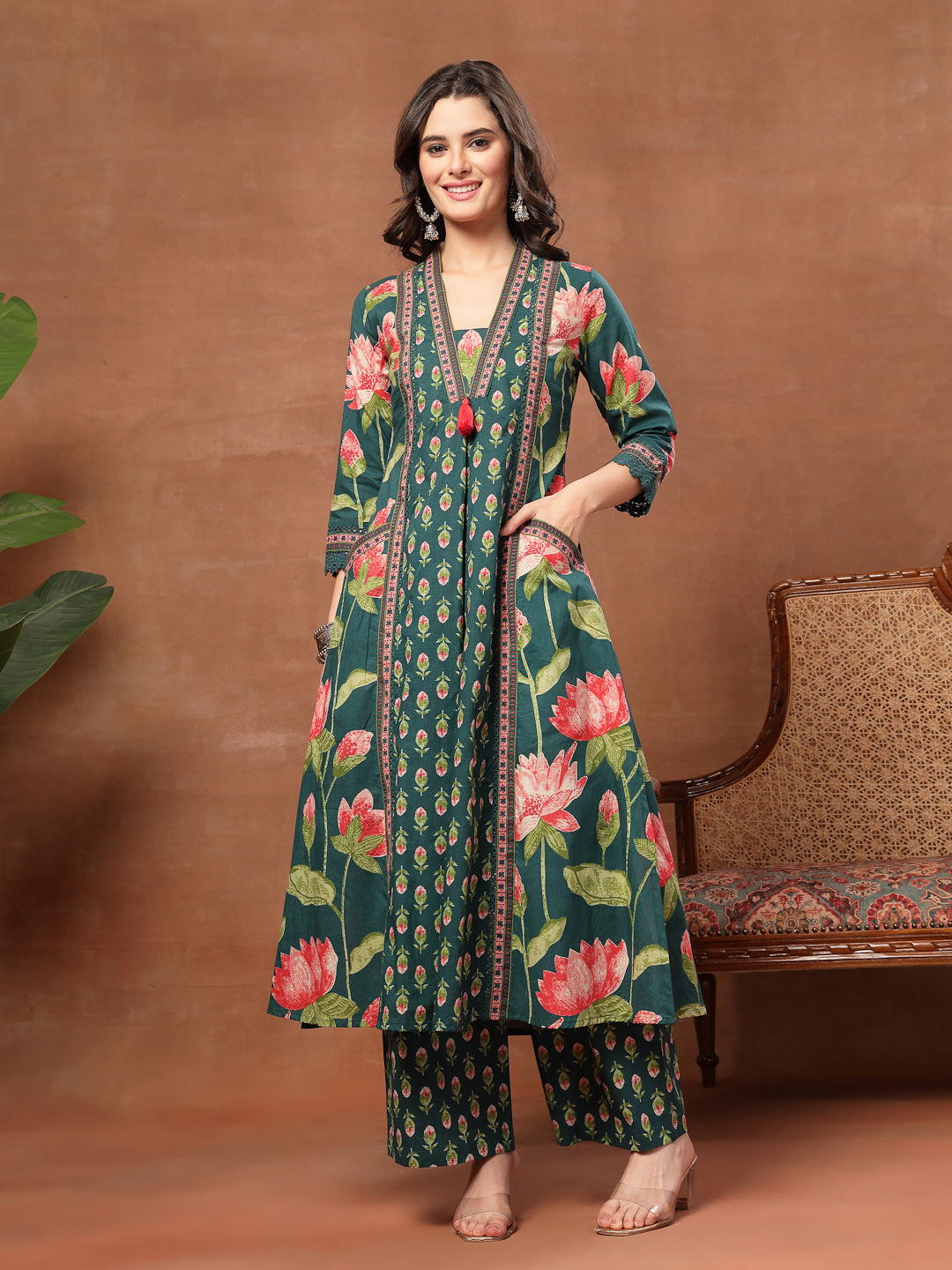 Flared Printed Cotton V-Neck Kurta Set With Dupatta