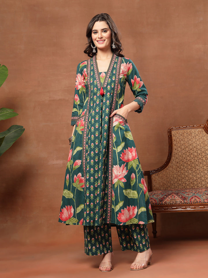 Flared Printed Cotton V-Neck Kurta Set With Dupatta