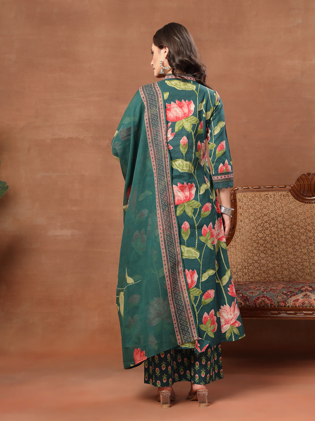 Flared Printed Cotton V-Neck Kurta Set With Dupatta