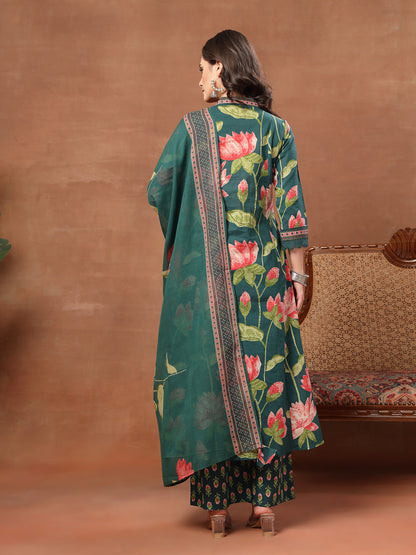 Flared Printed Cotton V-Neck Kurta Set With Dupatta