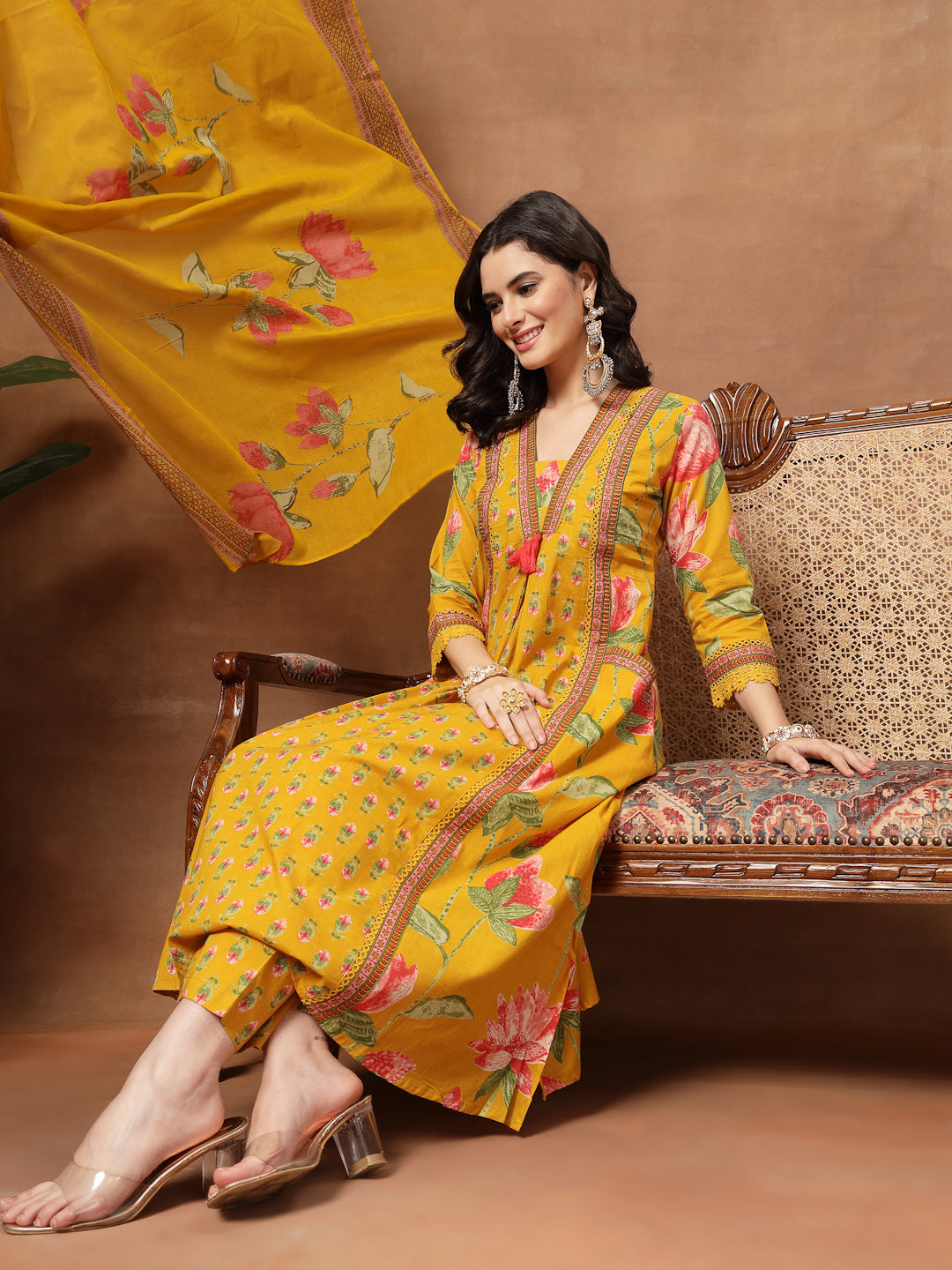 Flared Printed Cotton V-Neck Kurta Set With Dupatta