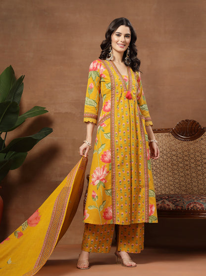 Flared Printed Cotton V-Neck Kurta Set With Dupatta
