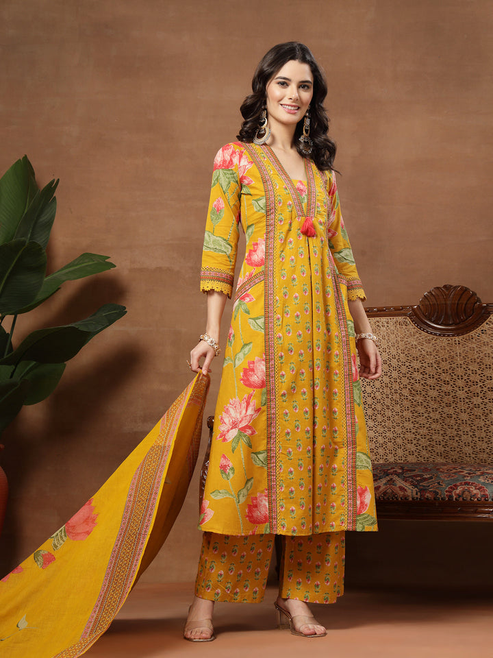 Flared Printed Cotton V-Neck Kurta Set With Dupatta