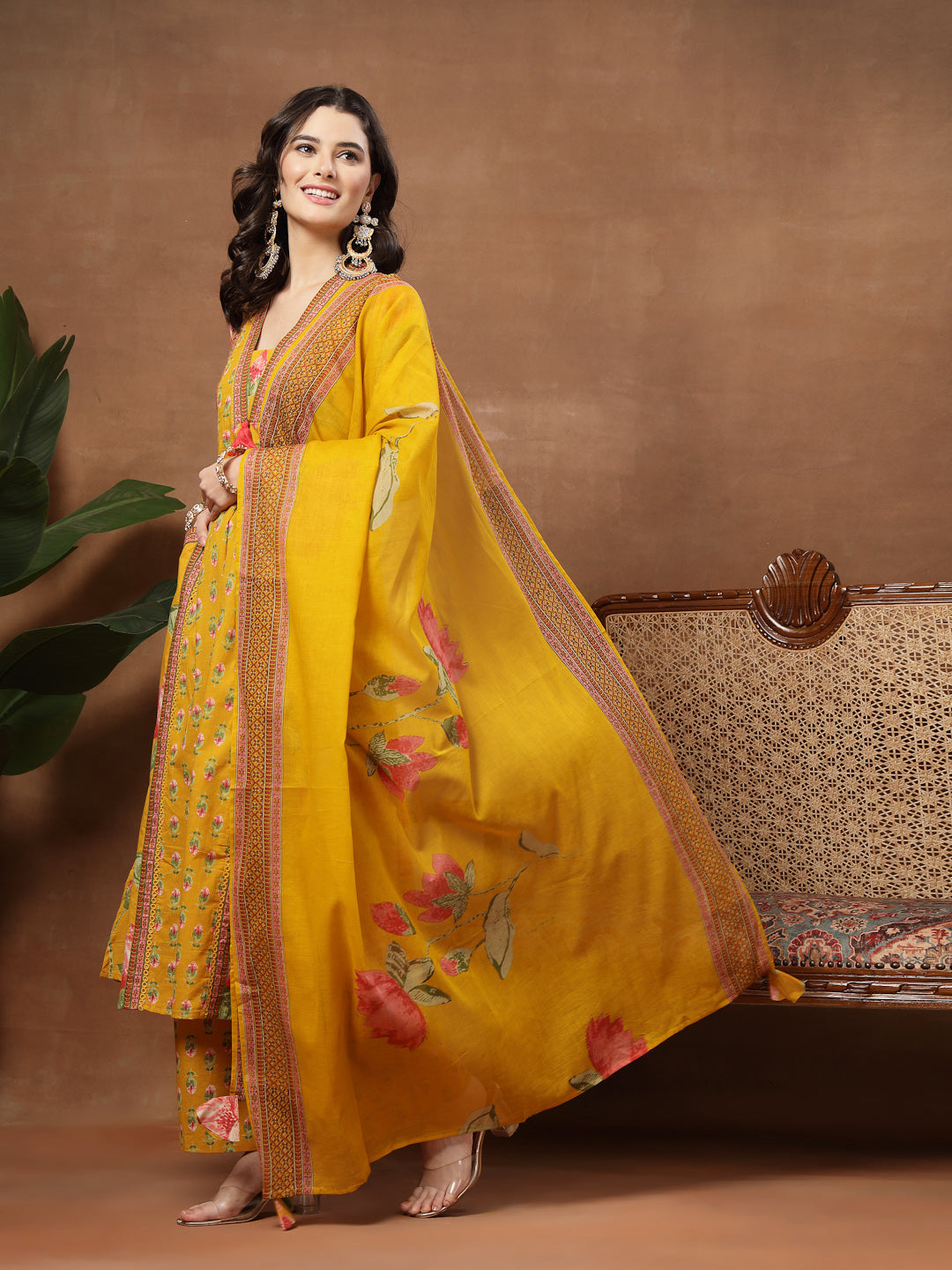 Flared Printed Cotton V-Neck Kurta Set With Dupatta