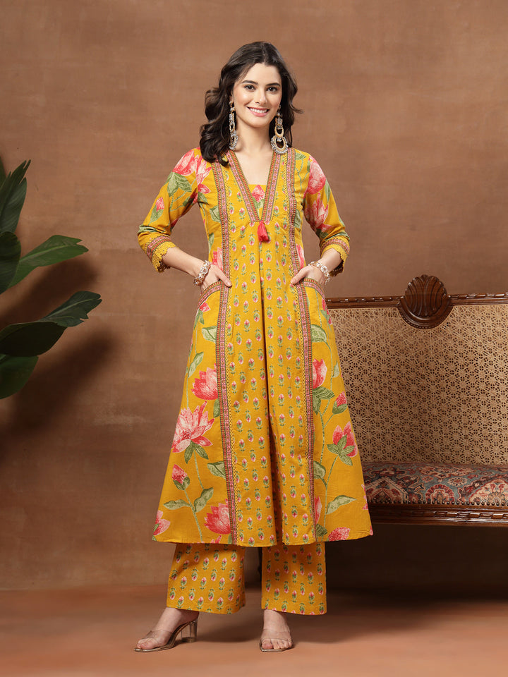 Flared Printed Cotton V-Neck Kurta Set With Dupatta