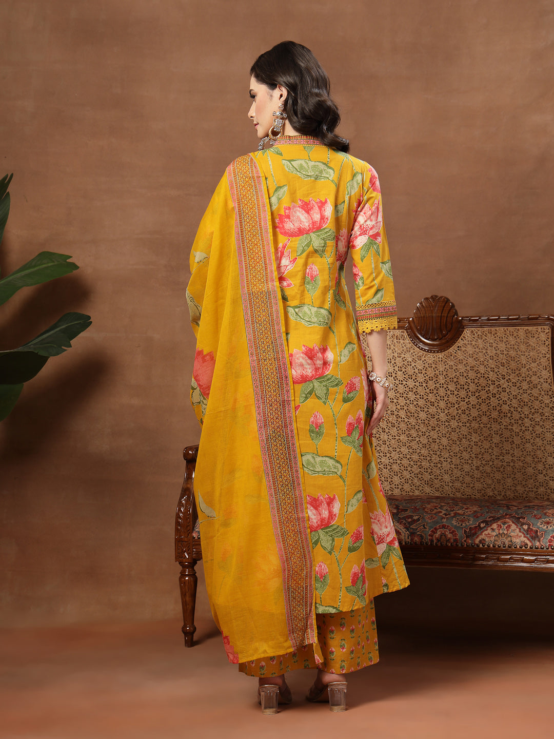 Flared Printed Cotton V-Neck Kurta Set With Dupatta