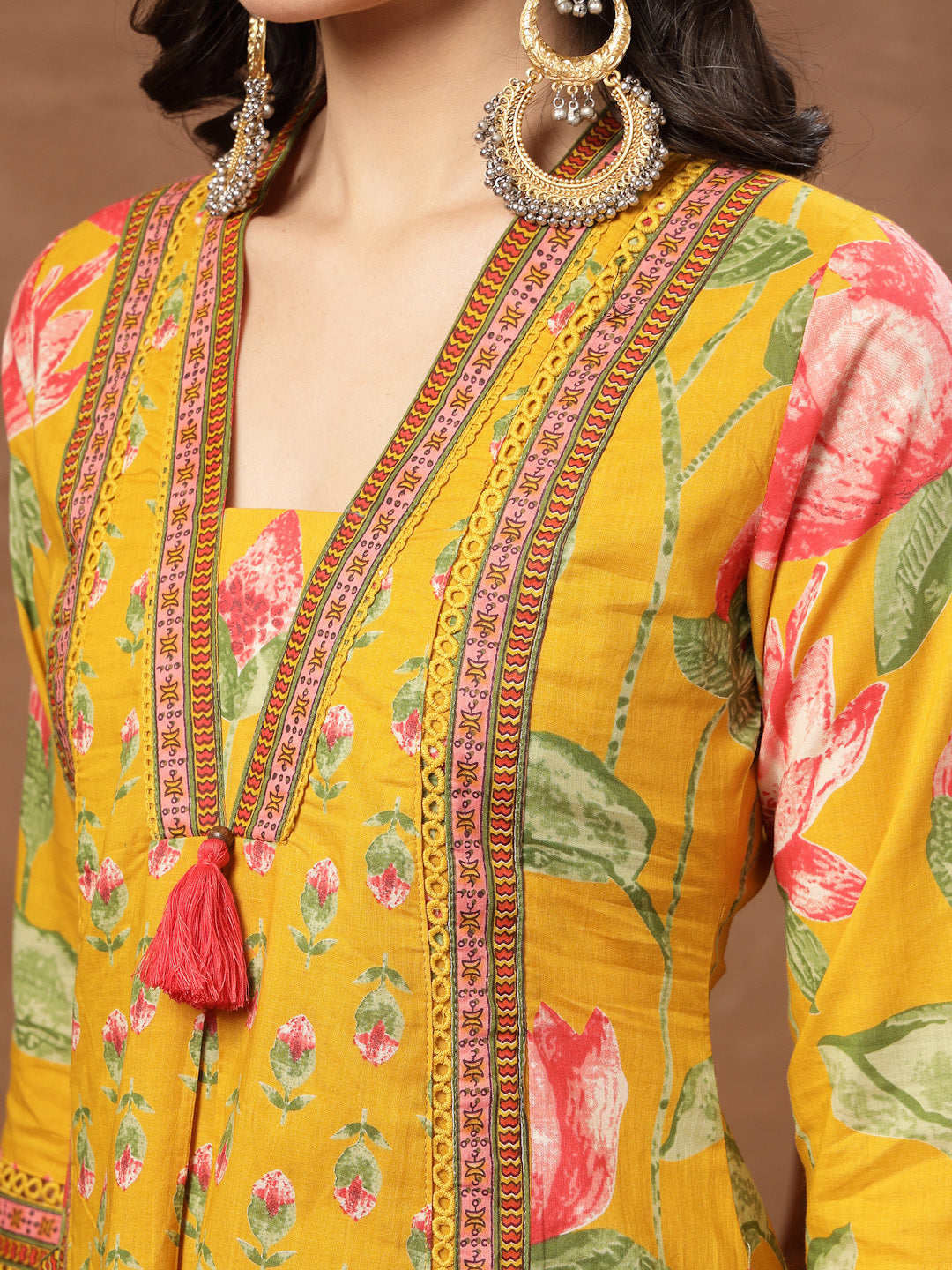 Flared Printed Cotton V-Neck Kurta Set With Dupatta