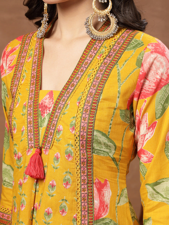 Flared Printed Cotton V-Neck Kurta Set With Dupatta
