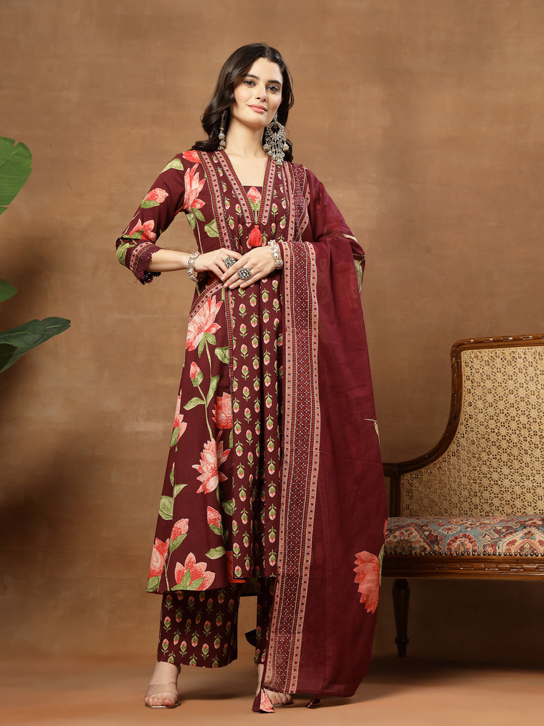 Flared Printed Cotton V-Neck Kurta Set With Dupatta