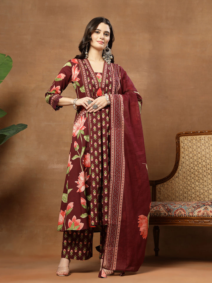Flared Printed Cotton V-Neck Kurta Set With Dupatta