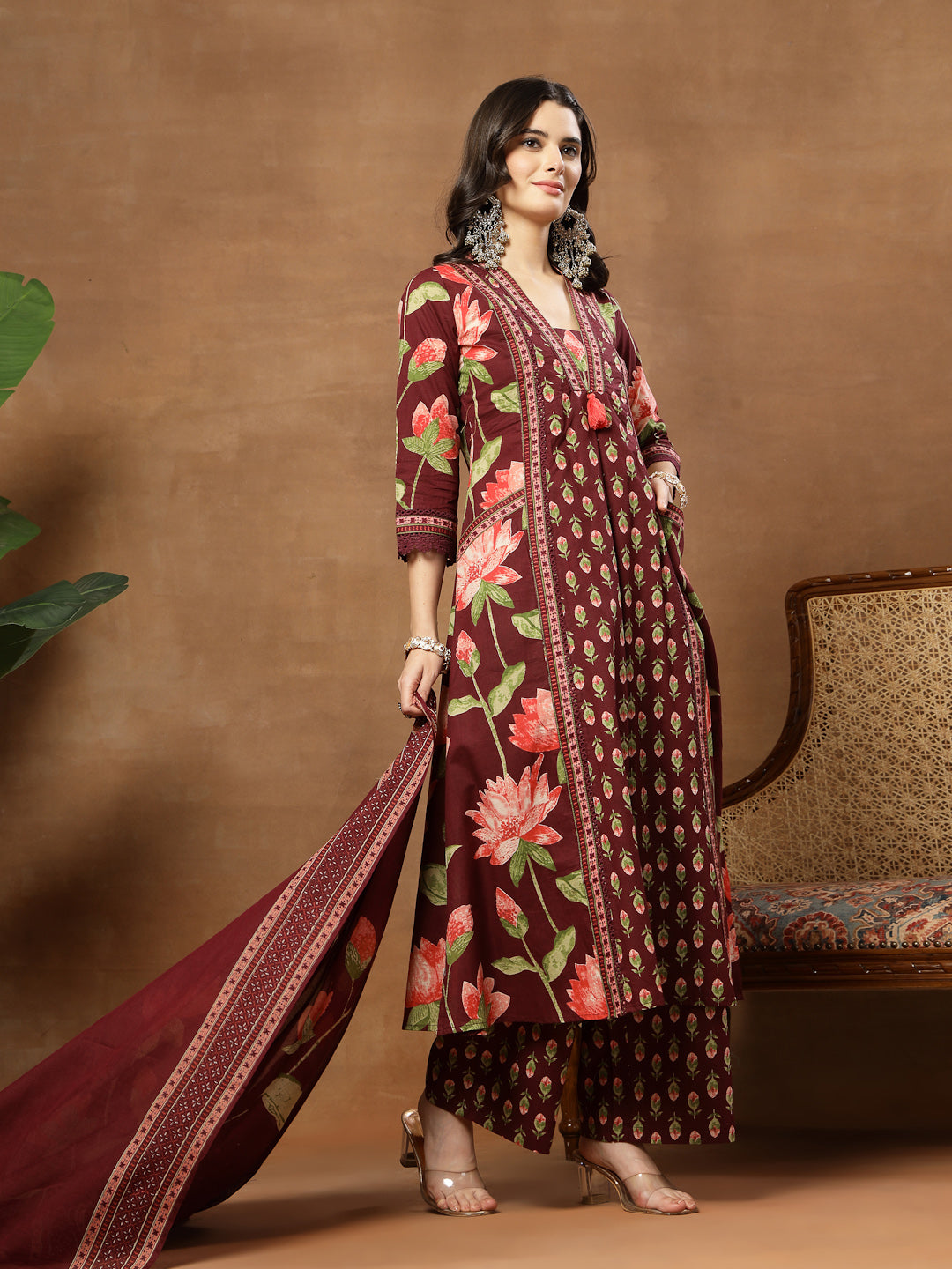 Flared Printed Cotton V-Neck Kurta Set With Dupatta