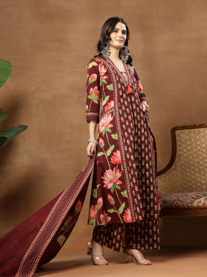 Flared Printed Cotton V-Neck Kurta Set With Dupatta