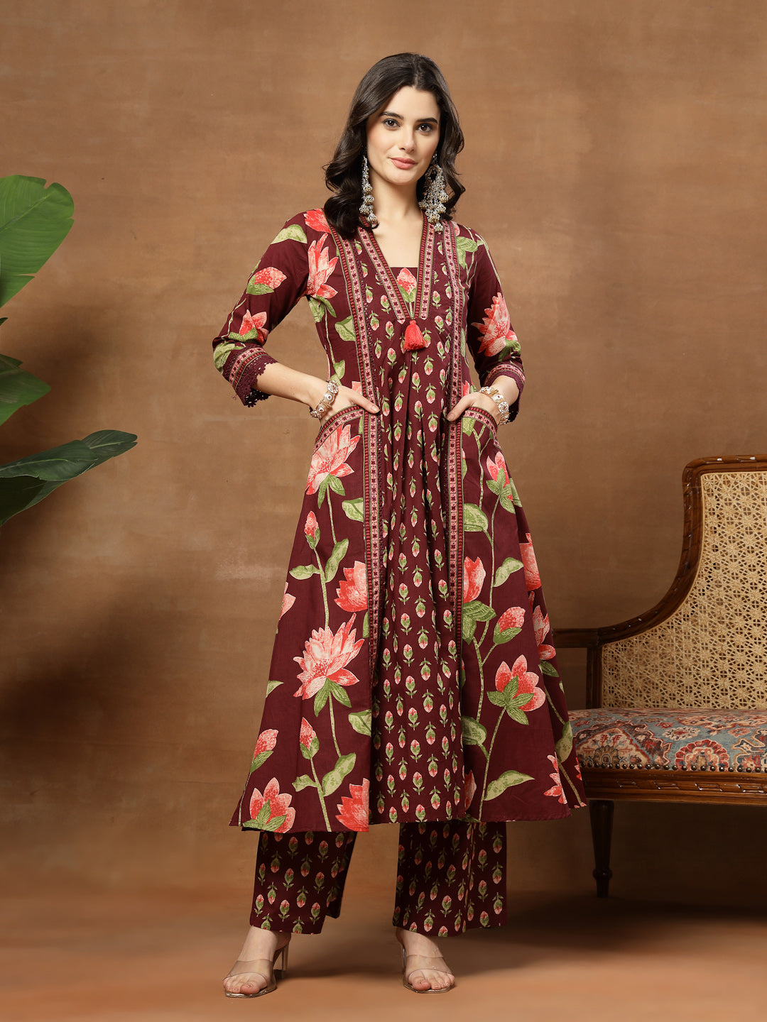 Flared Printed Cotton V-Neck Kurta Set With Dupatta