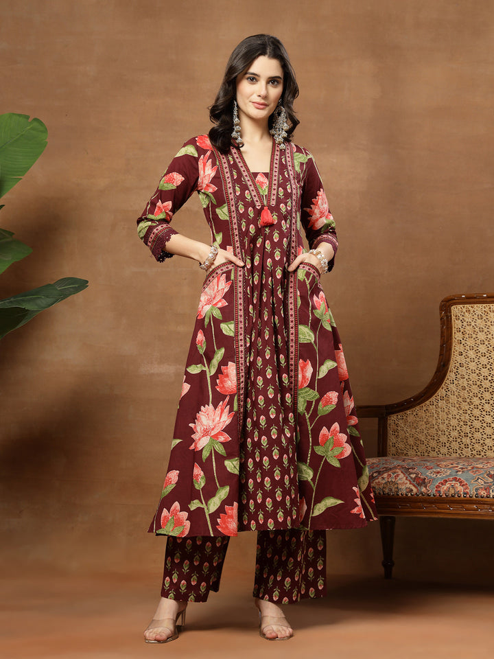 Flared Printed Cotton V-Neck Kurta Set With Dupatta