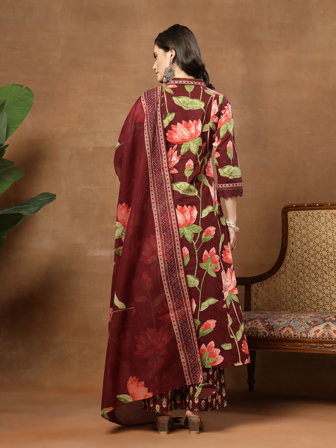 Flared Printed Cotton V-Neck Kurta Set With Dupatta