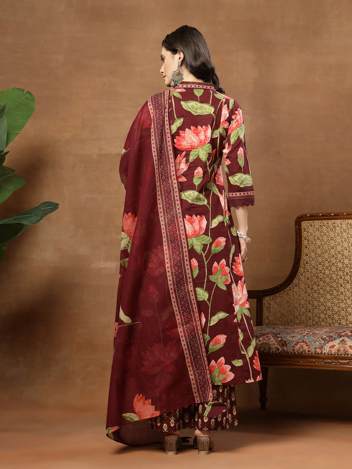 Flared Printed Cotton V-Neck Kurta Set With Dupatta