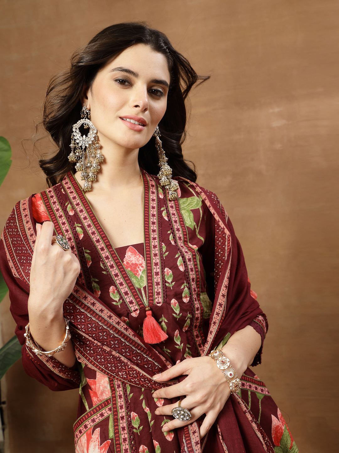 Flared Printed Cotton V-Neck Kurta Set With Dupatta