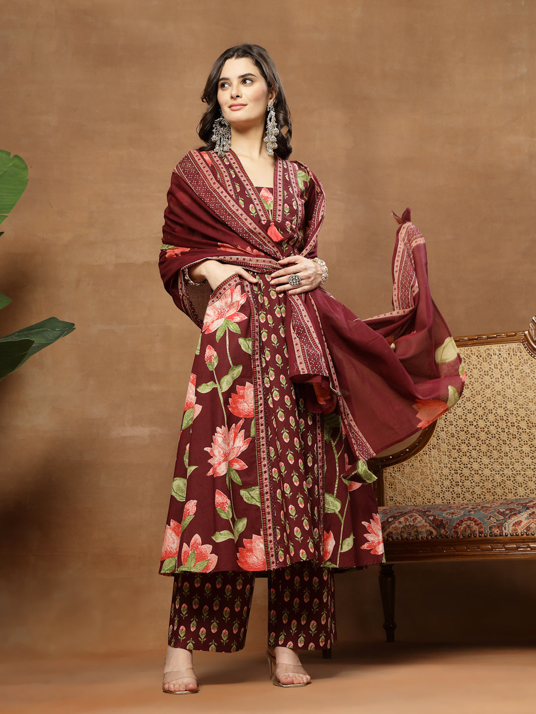 Flared Printed Cotton V-Neck Kurta Set With Dupatta