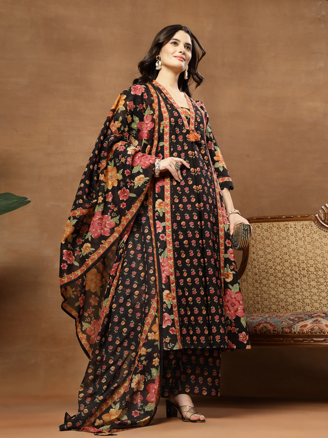 Flared Printed Cotton V-Neck Kurta Set With Dupatta