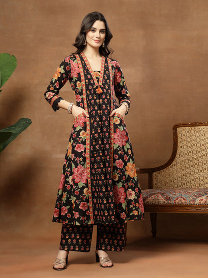 Flared Printed Cotton V-Neck Kurta Set With Dupatta