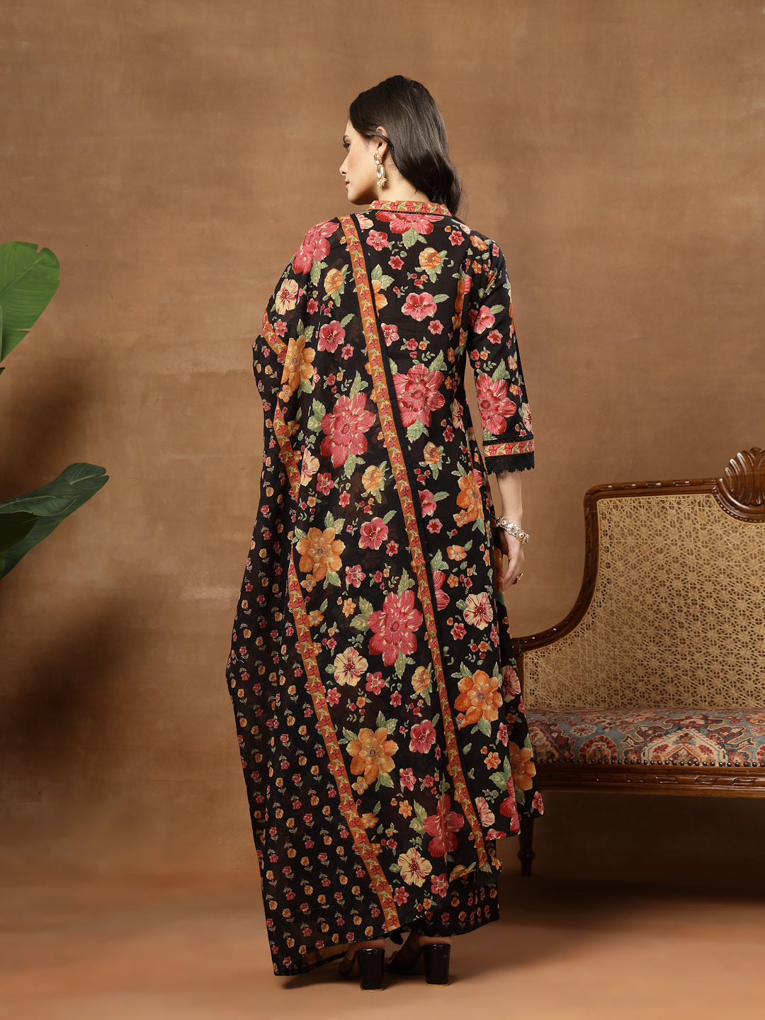 Flared Printed Cotton V-Neck Kurta Set With Dupatta