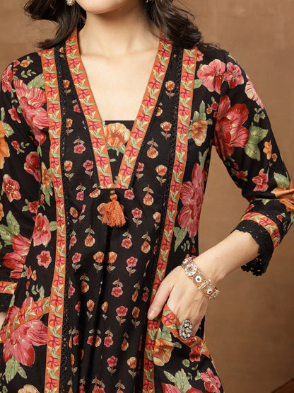 Flared Printed Cotton V-Neck Kurta Set With Dupatta