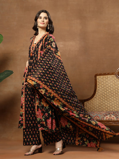 Flared Printed Cotton V-Neck Kurta Set With Dupatta