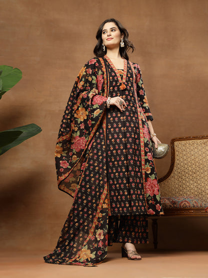 Flared Printed Cotton V-Neck Kurta Set With Dupatta