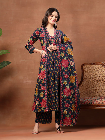 Flared Printed Cotton V-Neck Kurta Set With Dupatta
