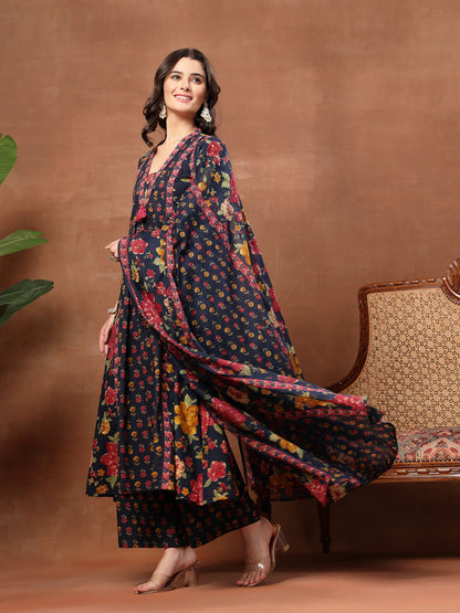 Flared Printed Cotton V-Neck Kurta Set With Dupatta