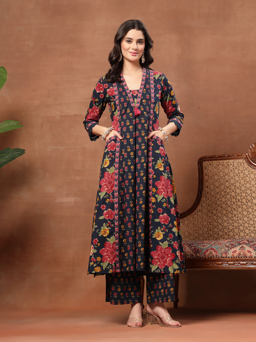 Flared Printed Cotton V-Neck Kurta Set With Dupatta