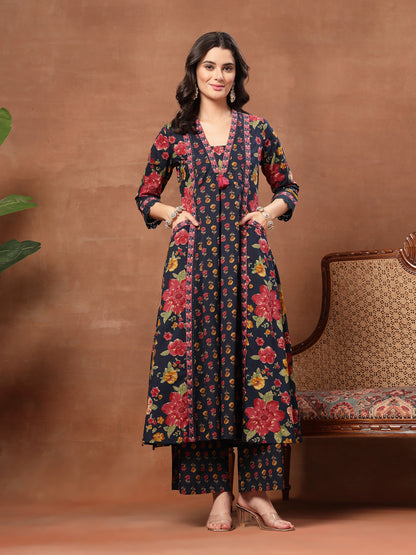 Flared Printed Cotton V-Neck Kurta Set With Dupatta