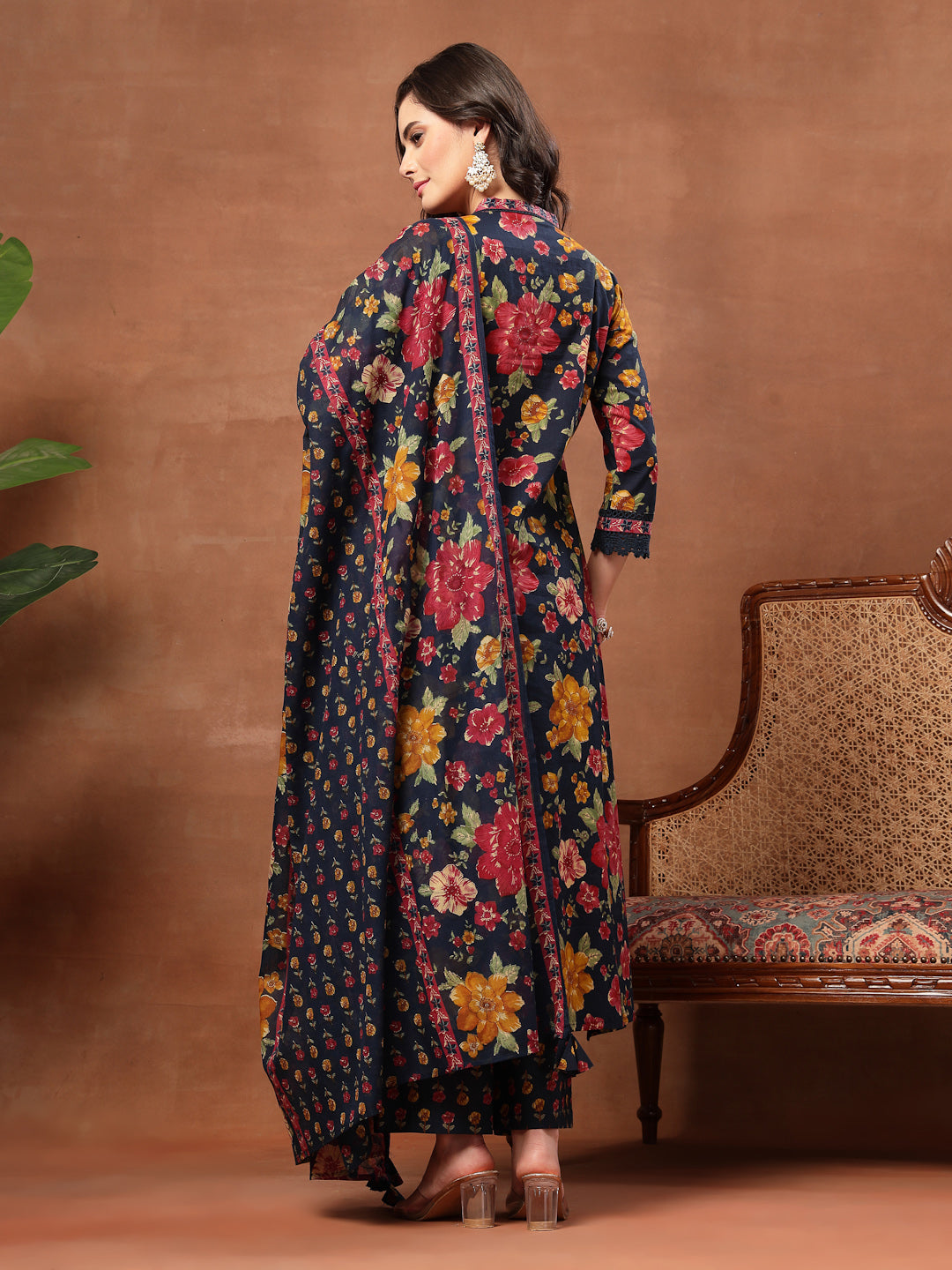 Flared Printed Cotton V-Neck Kurta Set With Dupatta