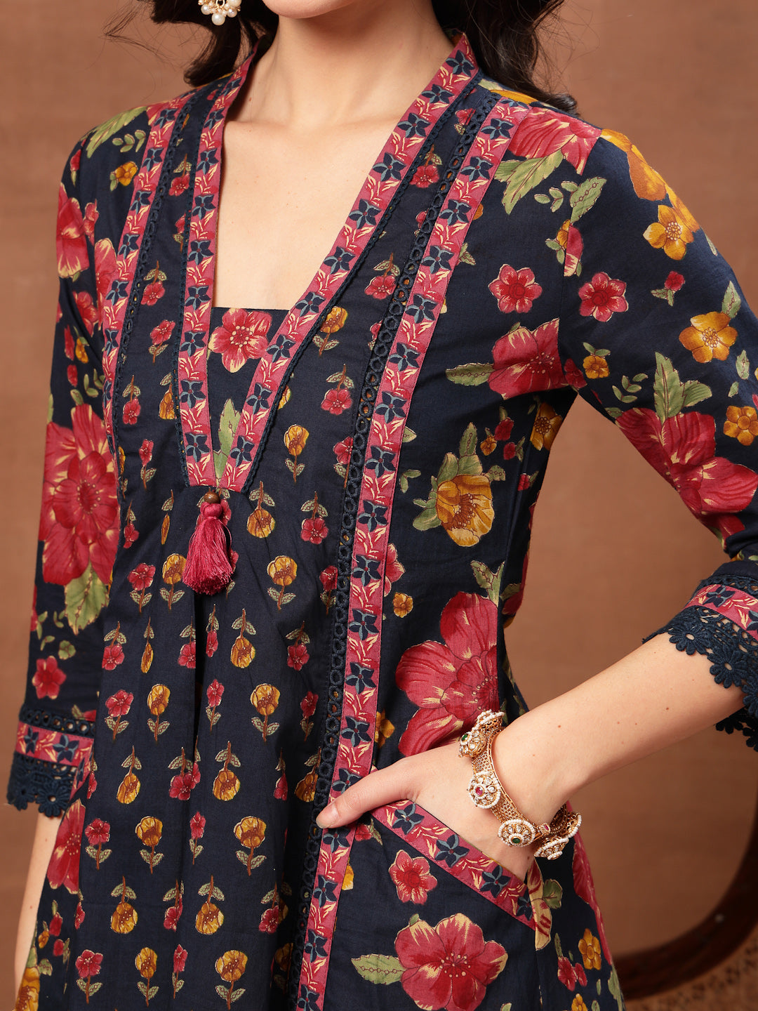 Flared Printed Cotton V-Neck Kurta Set With Dupatta