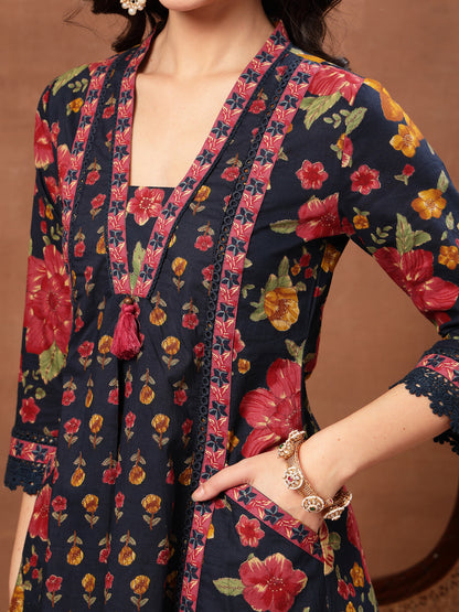 Flared Printed Cotton V-Neck Kurta Set With Dupatta