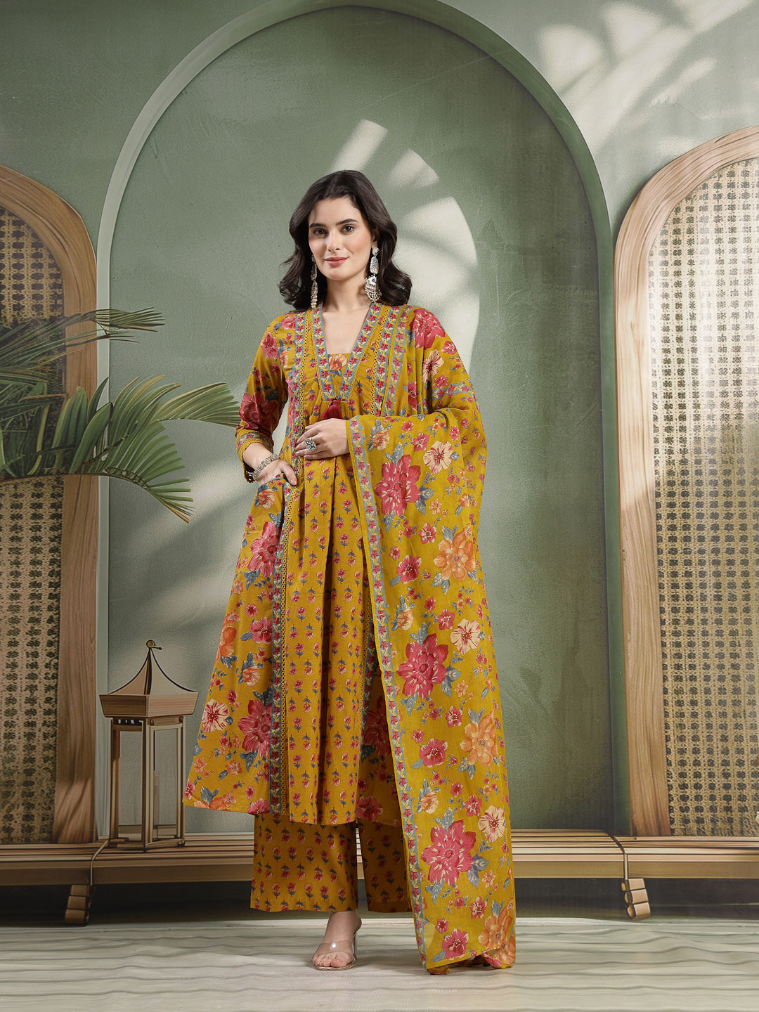 Flared Printed Cotton V-Neck Kurta Set With Dupatta