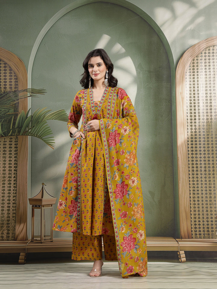 Flared Printed Cotton V-Neck Kurta Set With Dupatta