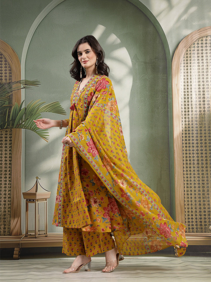 Flared Printed Cotton V-Neck Kurta Set With Dupatta