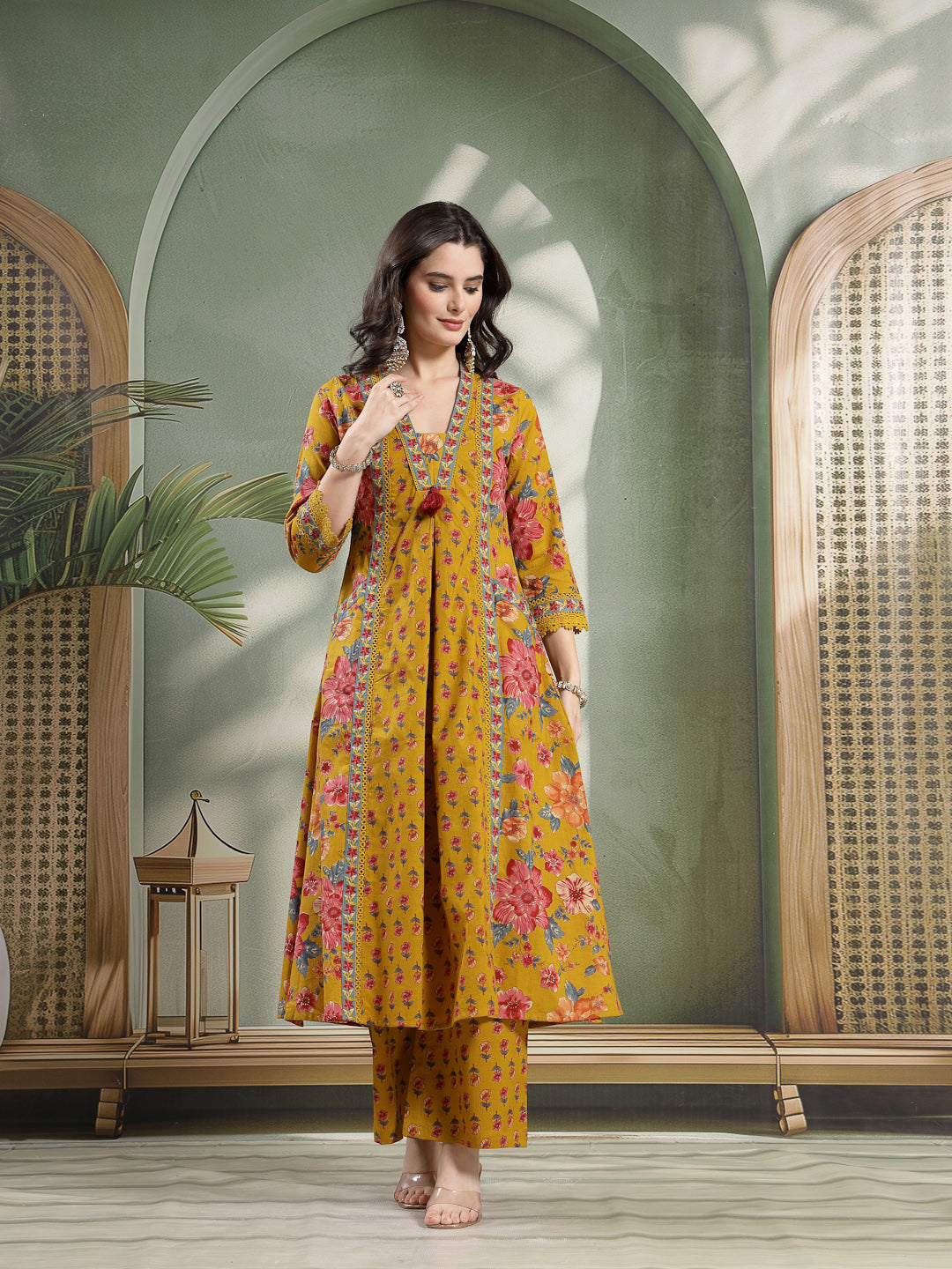 Flared Printed Cotton V-Neck Kurta Set With Dupatta