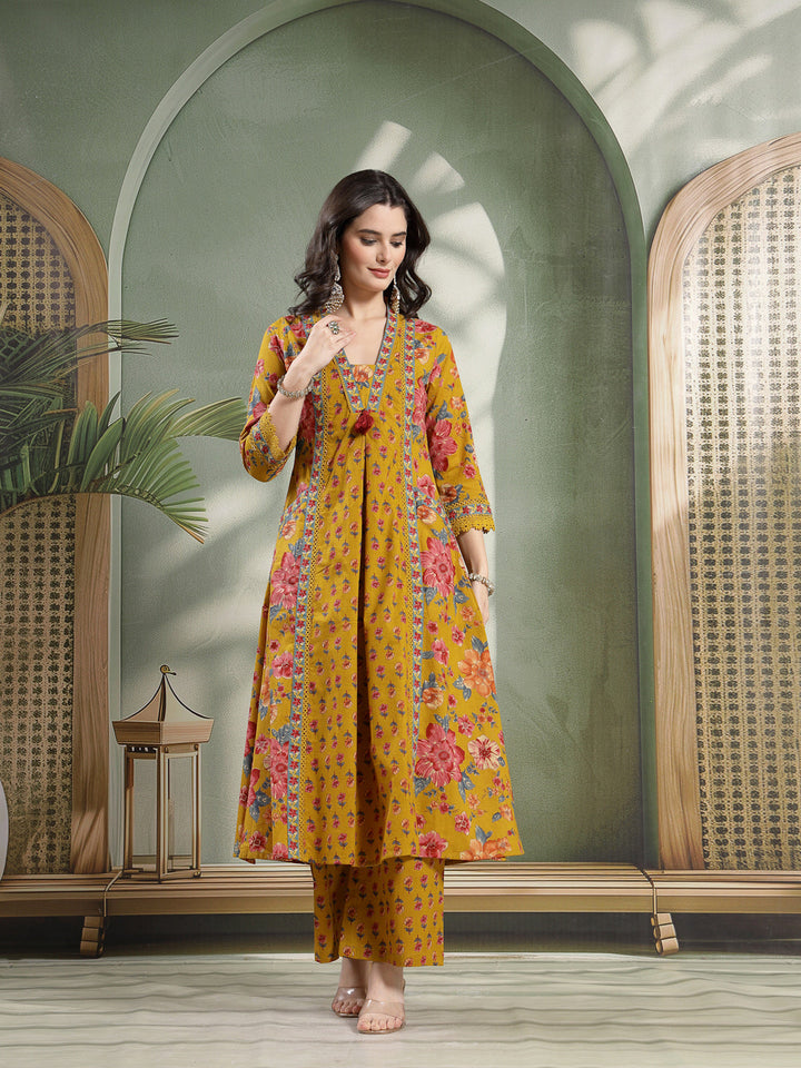 Flared Printed Cotton V-Neck Kurta Set With Dupatta