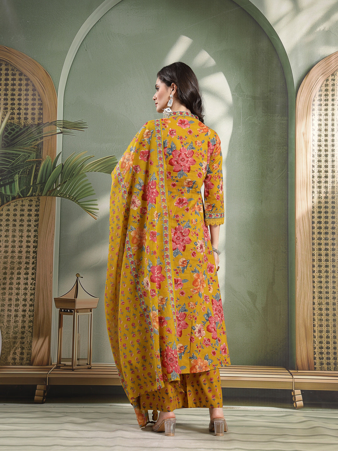 Flared Printed Cotton V-Neck Kurta Set With Dupatta