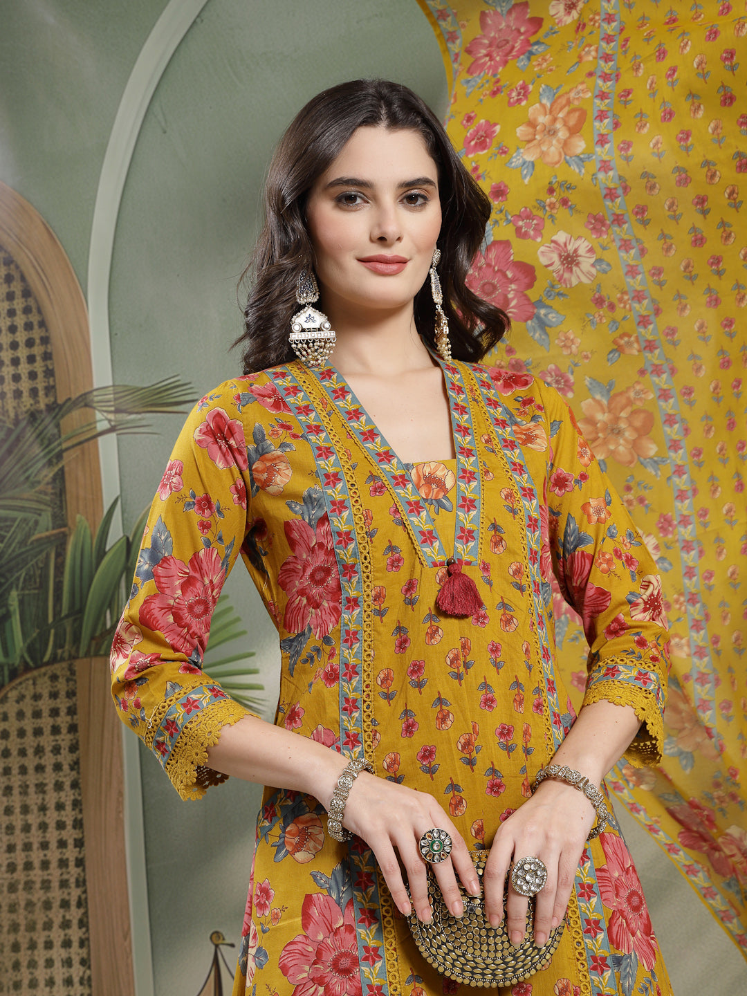 Flared Printed Cotton V-Neck Kurta Set With Dupatta