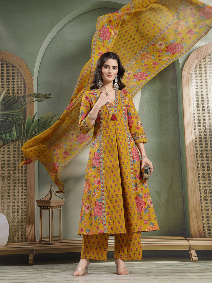 Flared Printed Cotton V-Neck Kurta Set With Dupatta