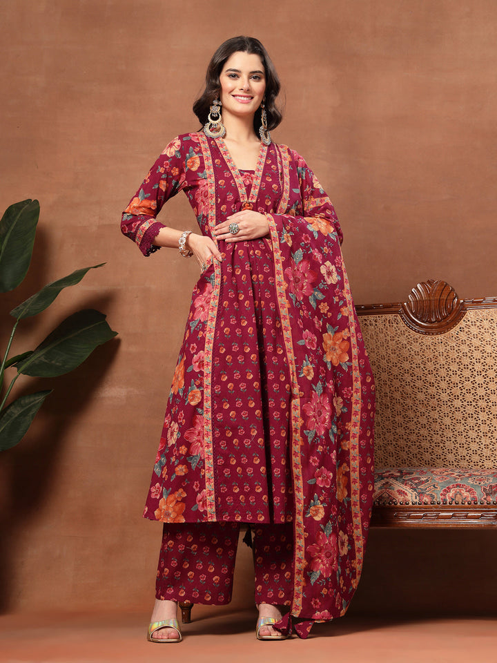 Flared Printed Cotton V-Neck Kurta Set With Dupatta