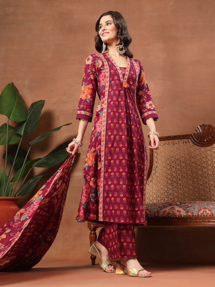Flared Printed Cotton V-Neck Kurta Set With Dupatta